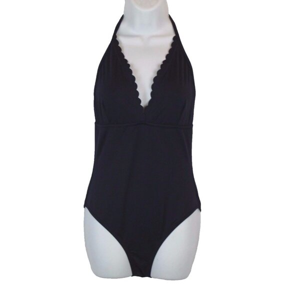 J.Crew $118 Scalloped V-Neck One-Piece Swimsuit Italian Matte 4 Navy Blue F0762 - Picture 1 of 3